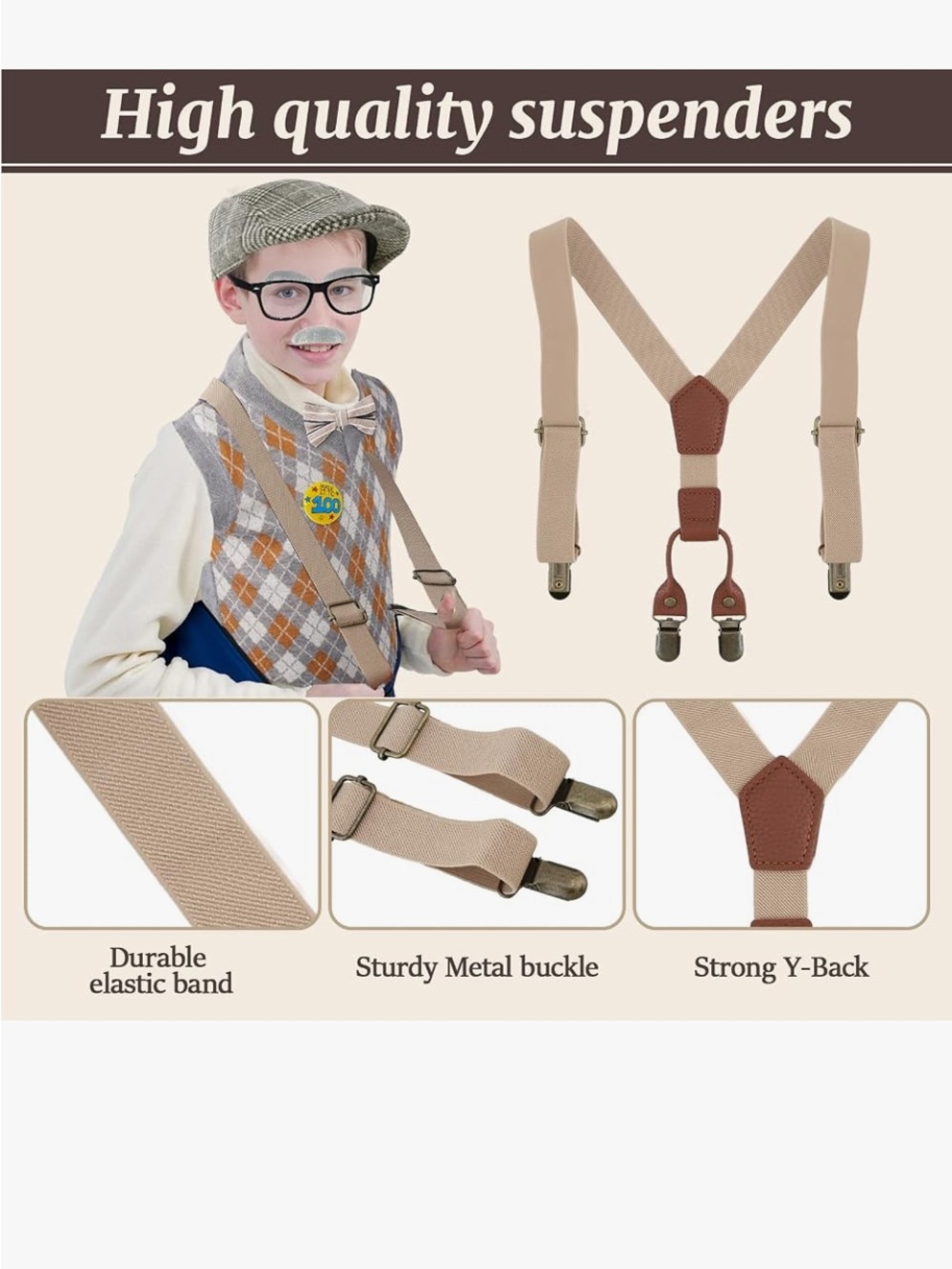 Kids Beige Elastic Suspenders with Metal Clips